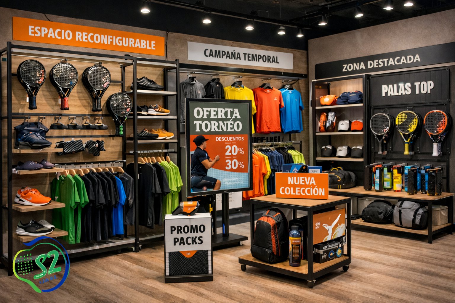 Exposición de palas de pádel organizada por niveles y campañas en un espacio comercial flexible